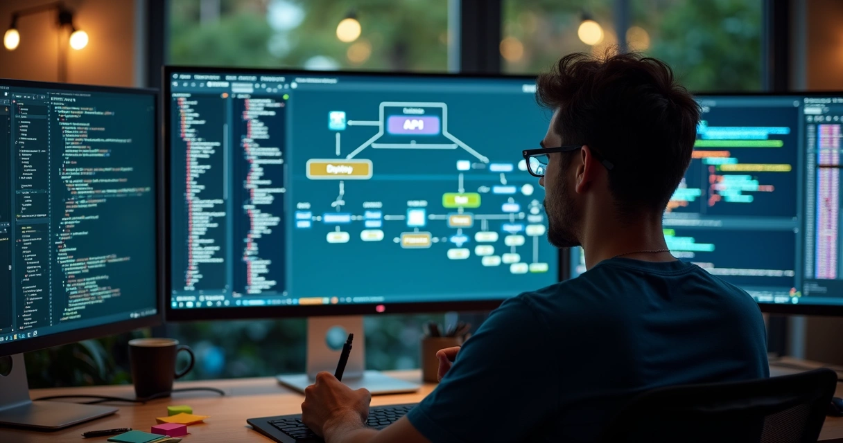 Desenvolvedor desenhando fluxograma em computador com integração de APIs 
