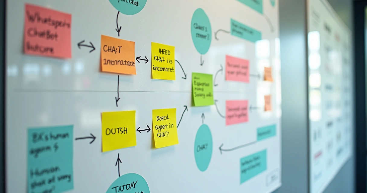 Fluxograma de atendimento simulando conversas no WhatsApp 