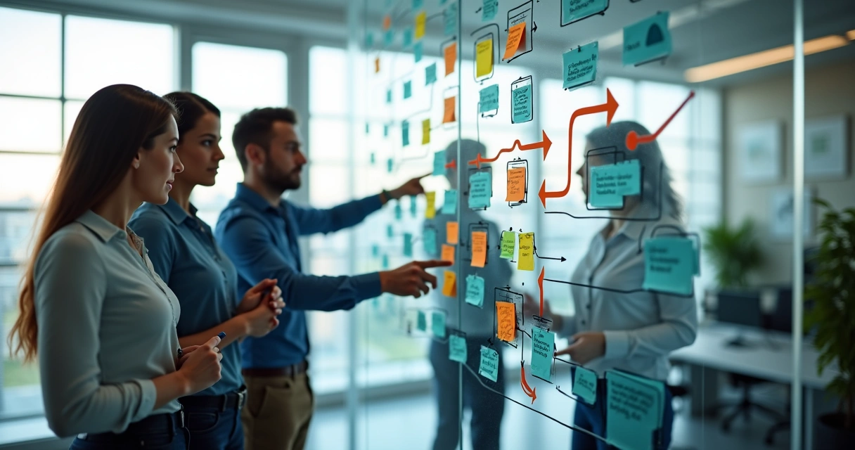 Painel com fluxograma colorido mostrando padrões sistêmicos de projetos profissionais 