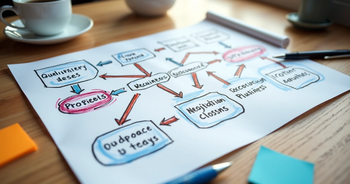 Fluxograma de processo comercial com etapas visualmente conectadas 
