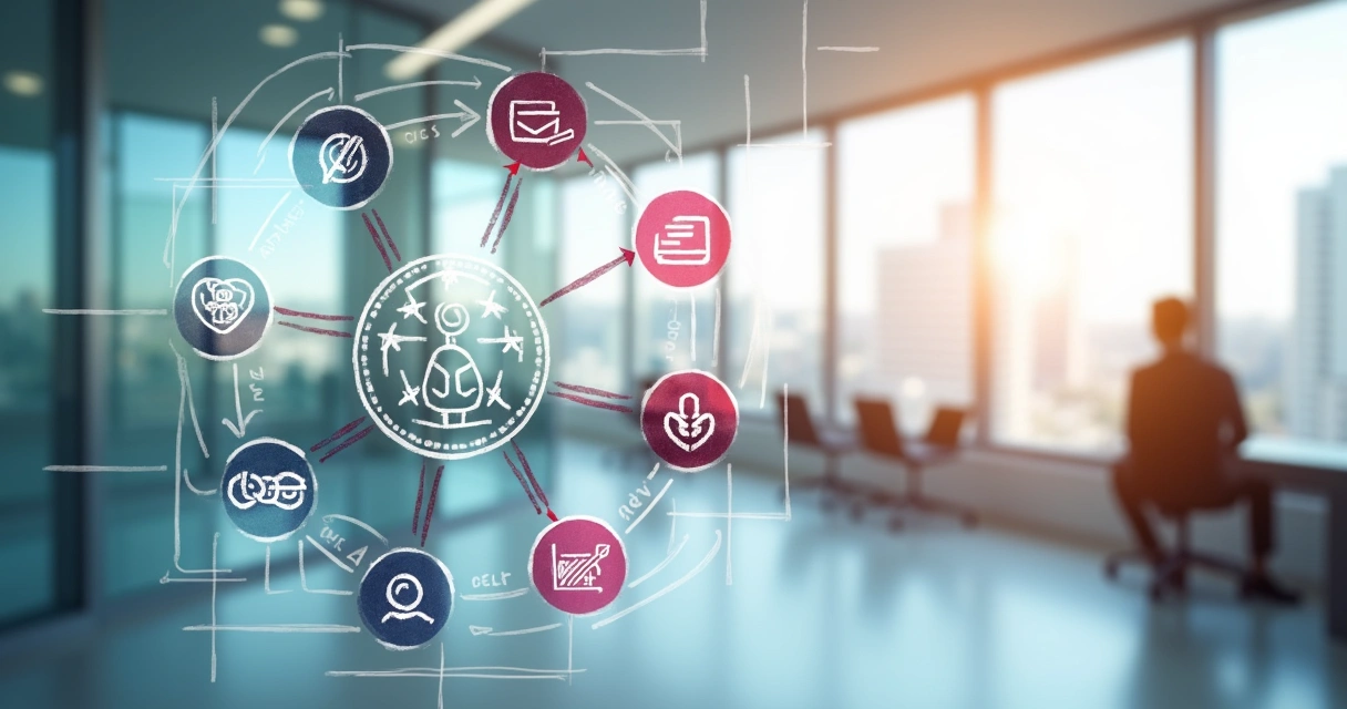 Fluxograma de processo corporativo com etapas coloridas 