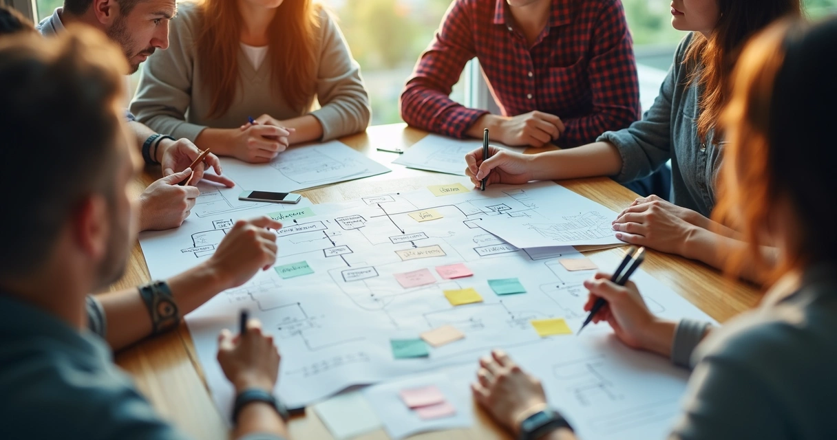 Fluxograma desenhado à mão com post-its e setas conectando etapas 