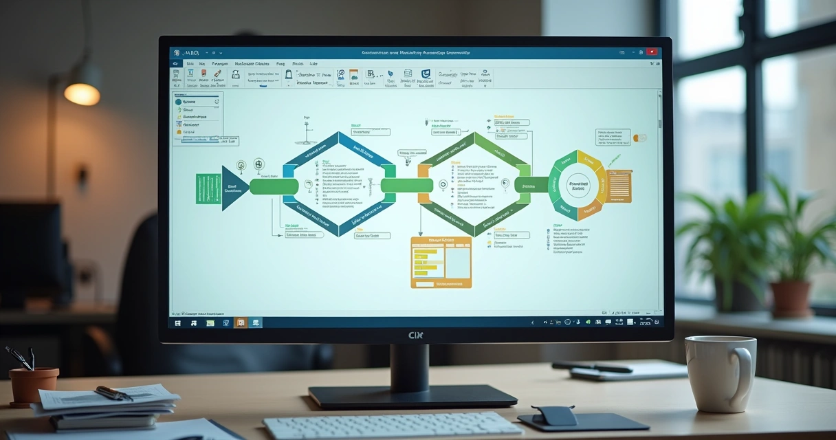 Tela de computador mostrando fluxograma colorido de processo contábil 
