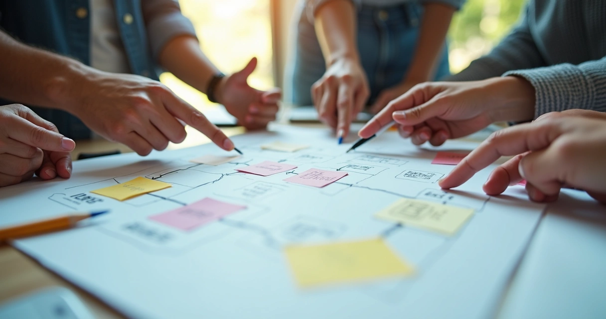 Diagrama visual simples de processos empresariais desenhado em papel com lápis e post-its coloridos 