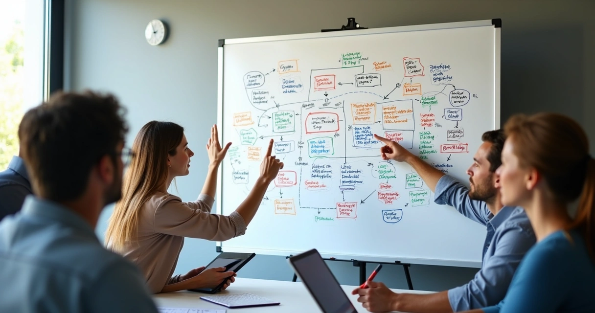 Fluxograma de processos empresariais desenhado em quadro branco 