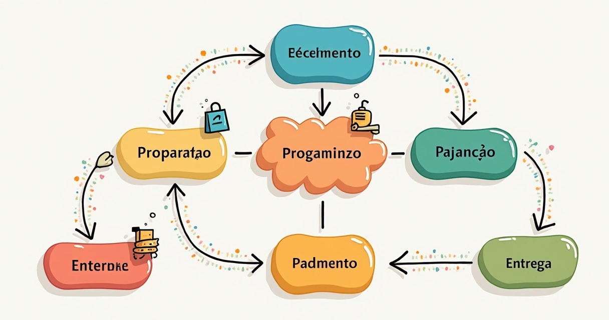 Fluxograma colorido mostrando as etapas do processo de venda em uma loja pequena 