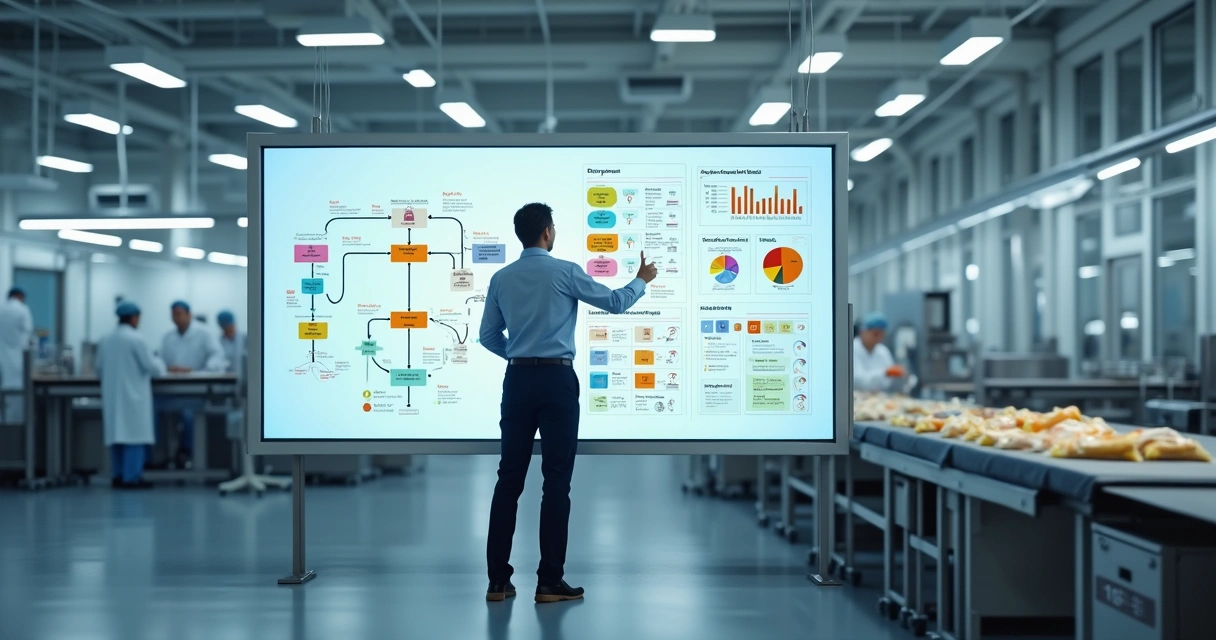 Gestor analisando fluxograma de produção de alimentos em tela grande na fábrica 
