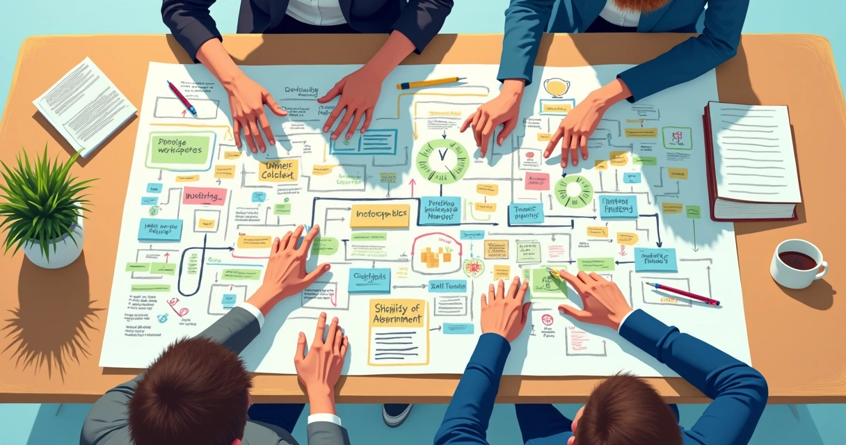 Fluxograma colorido com ideias de processos de TI desenhadas 