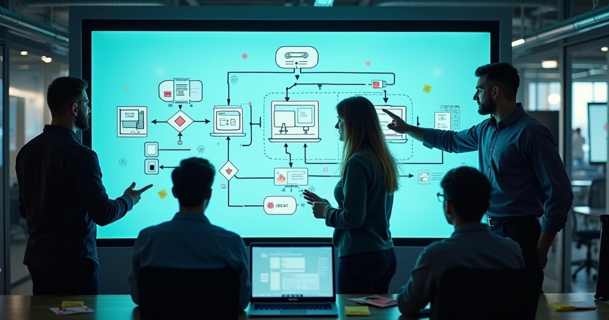 Equipe de tecnologia colaborando em frente a um quadro digital com fluxogramas 