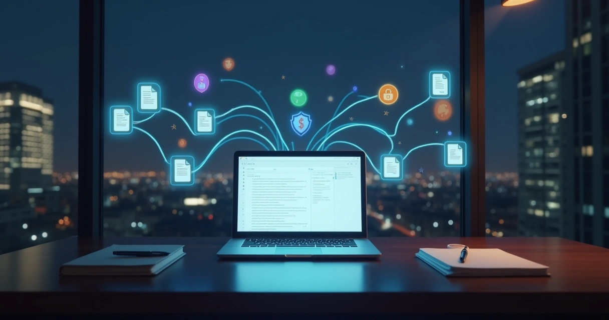 Fluxos de assinatura digital conectando documentos na tela de um laptop 