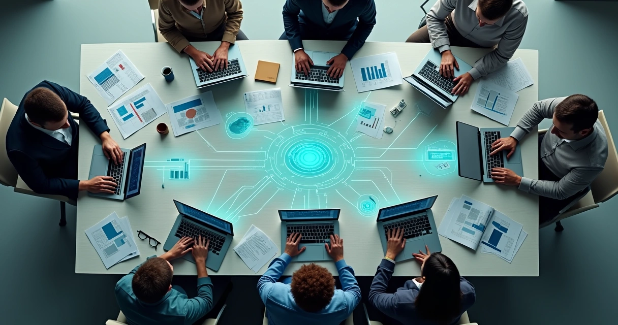 Fluxograma digital entre humanos e robôs em escritório contábil. 