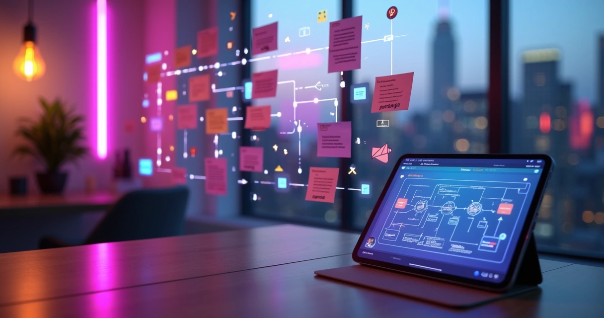 Ambiente criativo com fluxos automáticos conectando ícones do Instagram Direct em painel iluminado 