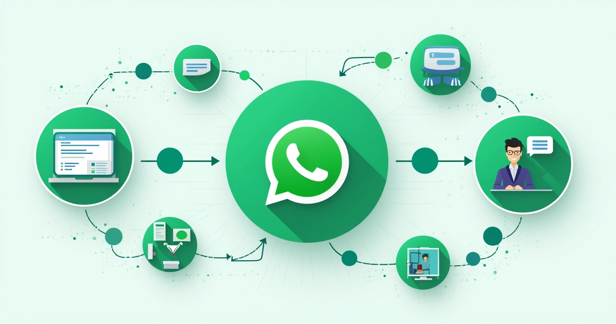 Fluxo de automações com WhatsApp integrando CRM, chatbot, campanhas e suporte. 