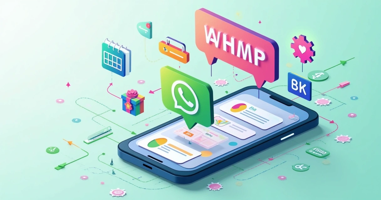Diagrama colorido de fluxos de automação no WhatsApp para pequenas empresas