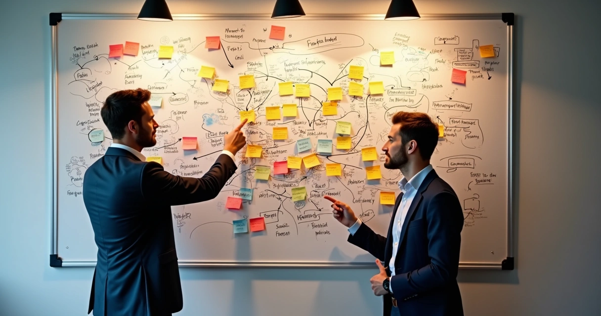 Quadro branco caótico com post-its, linhas e fluxos confusos, pessoas debatendo e apontando pontos de falha 