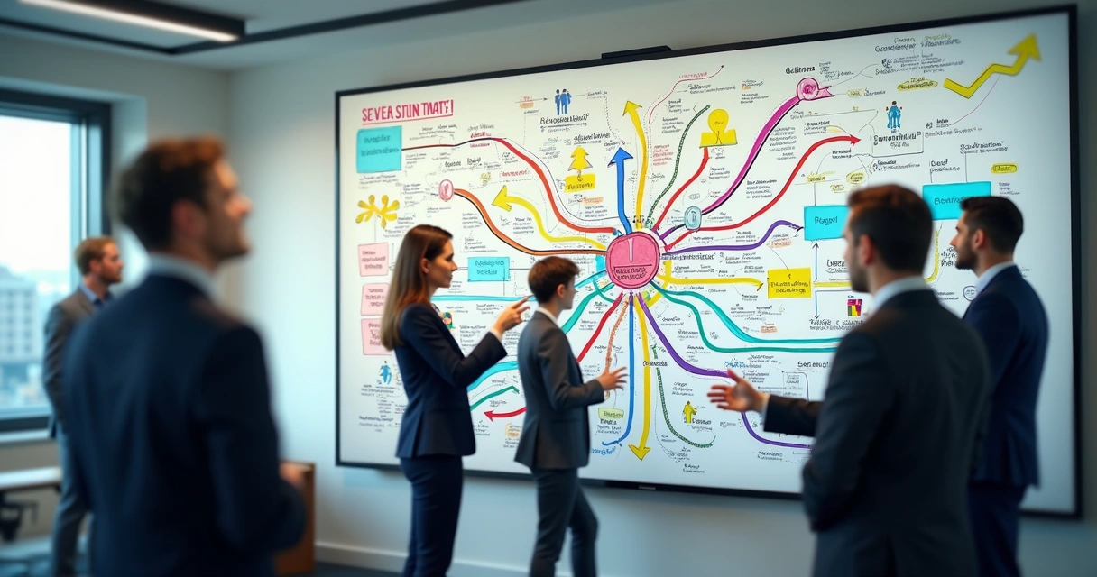 Quadro de fluxos de trabalho com setas e conexões coloridas em um ambiente de escritório 