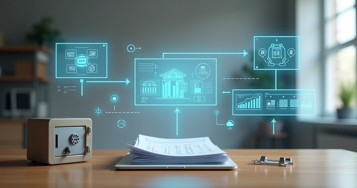 Painéis financeiros flutuando acima de mesa com cofres e símbolos de integrações digitais 