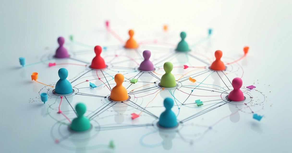 Diagrama colorido ilustrando conexões e fluxos entre membros de equipe