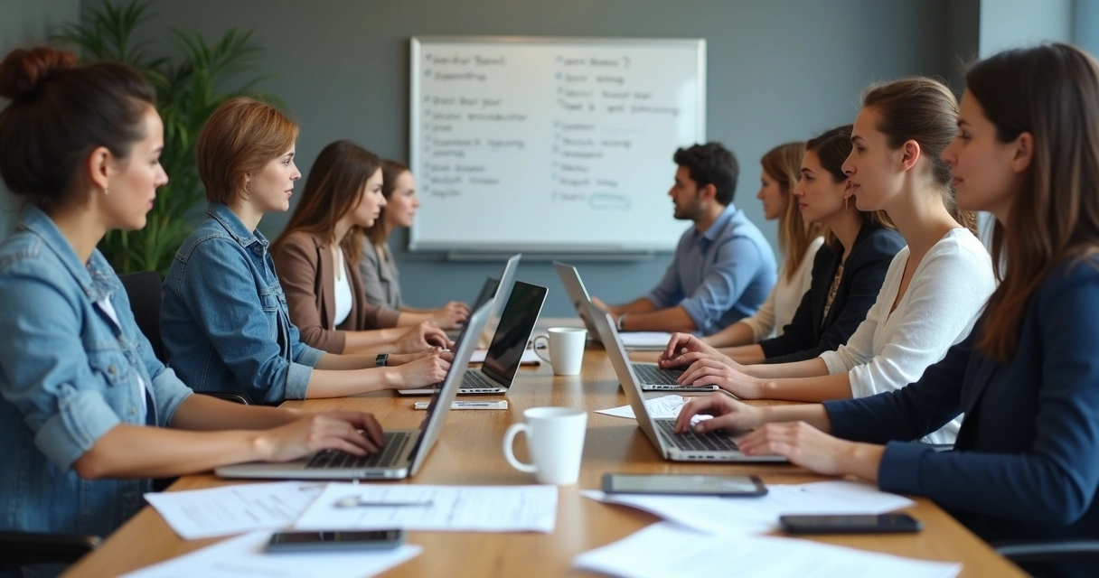 Equipe de escritório preenchendo planilhas em computadores 