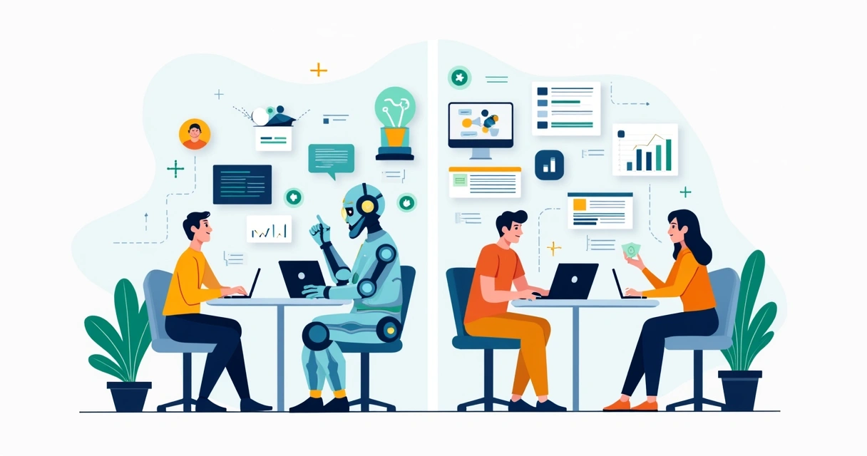 Ilustração corporativa mostrando duas colunas: prospecção automatizada com IA e prospecção personalizada, com ícones de robôs, computadores e fluxos de dados de um lado, e pessoas em reuniões e anotaç