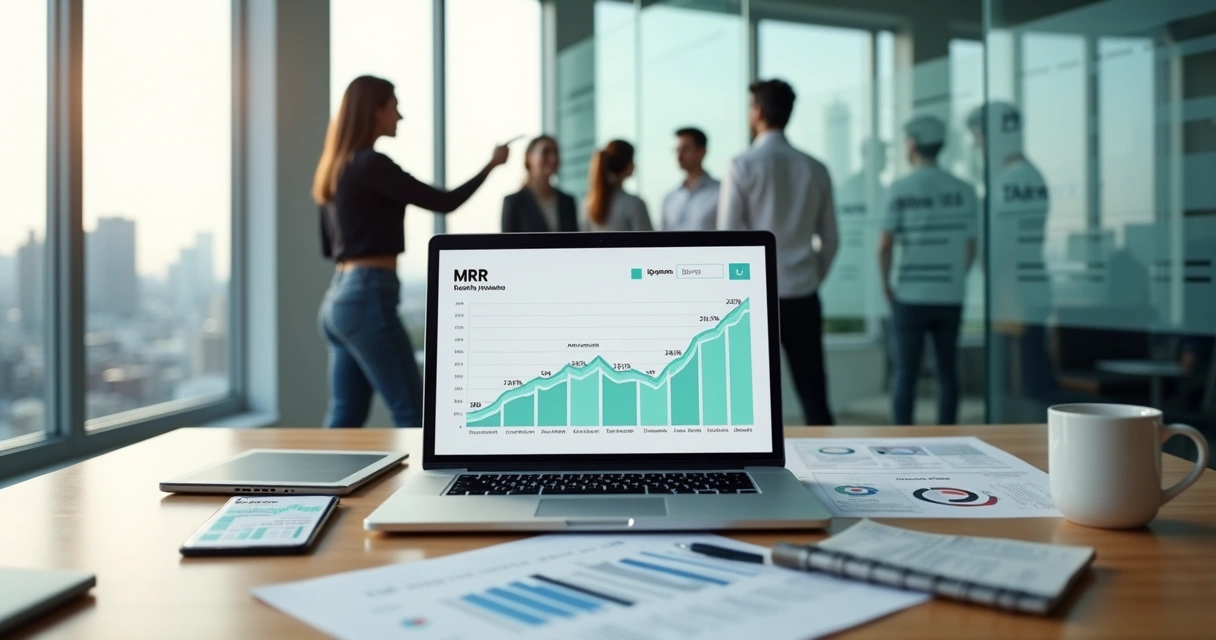 Gráfico de receita recorrente subindo mês a mês em tela de notebook sobre mesa de escritório 
