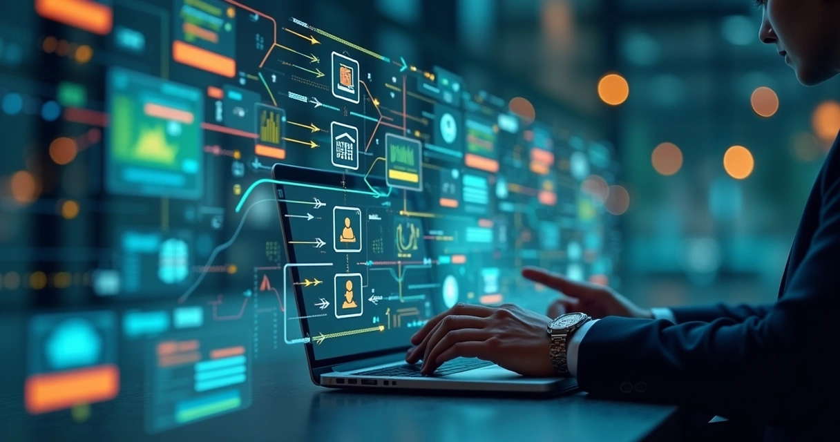 Ilustração de painel digital com fluxos automatizados de mensagens conectando setores diferentes, usando cores chamativas e setas que mostram o percurso do atendimento, cenário moderno de tecnologia empresarial. 
