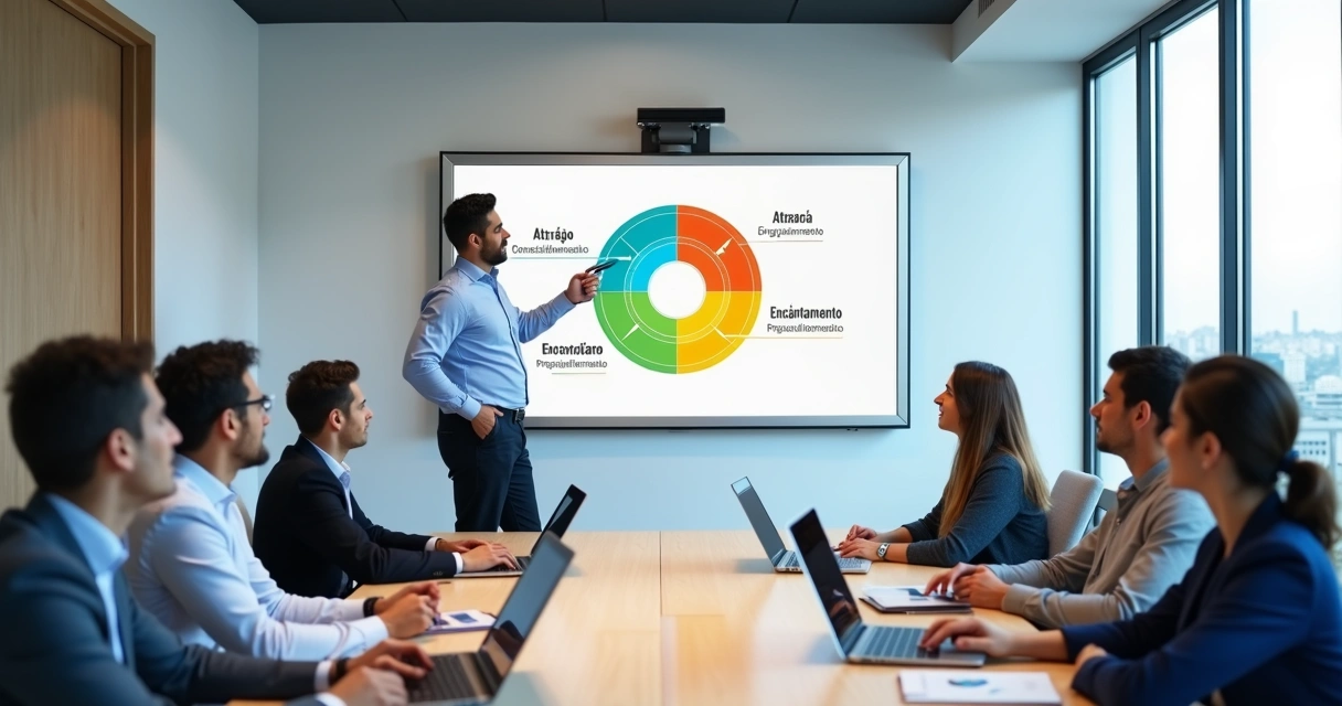 Executivo apontando para diagrama de flywheel de vendas em tela digital 