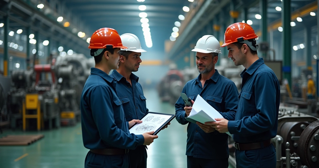 Equipe multidisciplinar reunida em chão de fábrica analisando falhas em equipamento industrial 