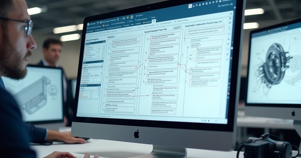 Interface digital do FMEA em uma tela de computador mostrando modos de falha, efeitos e ações recomendadas 