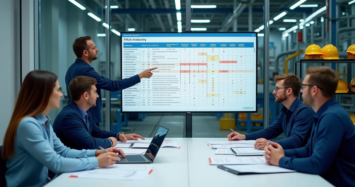 Equipe de manutenção industrial analisando planilha FMEA em reunião na fábrica 