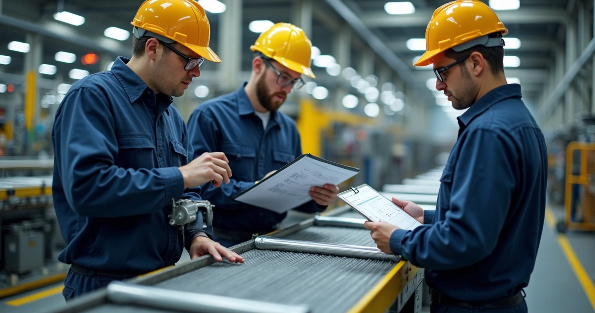 Equipe de manutenção analisando falhas em pranchetas 