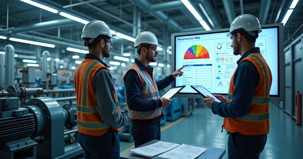 Engenheiros de manutenção analisando FMEA em tablet diante de linha de produção industrial 