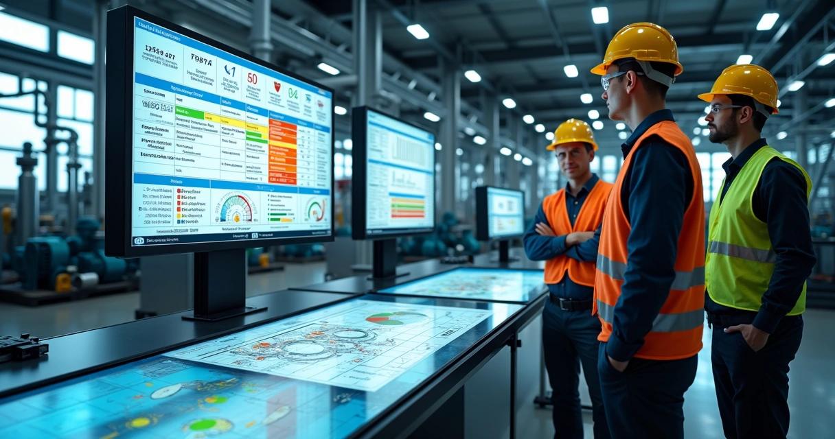 Engenheiros analisando painel digital de FMEA em planta de manutenção industrial 