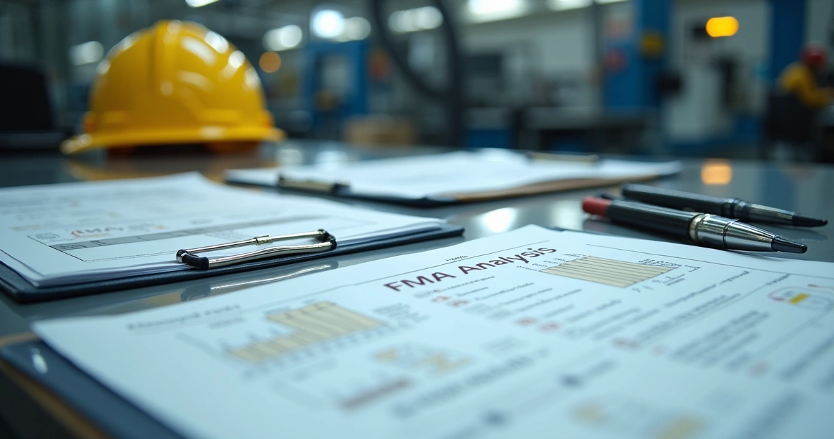 Pranchetas com formulários de análise FMEA preenchidos sobre mesa industrial