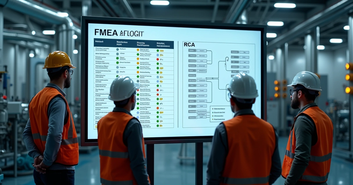 Engenheiros analisando painel digital com fluxos de FMEA e RCA lado a lado 