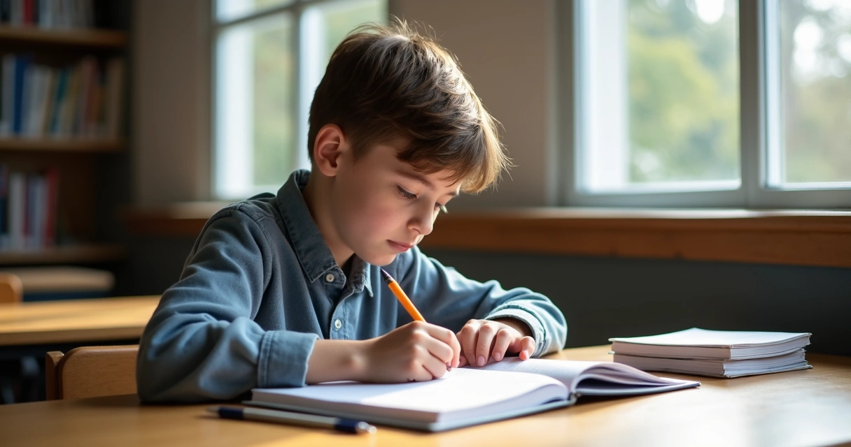 Estudante lendo atentamente o caderno antes de começar a escrever a redação 