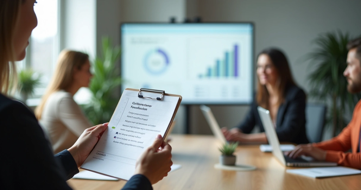 Nota de feedback de cliente em reunião de equipe de negócios