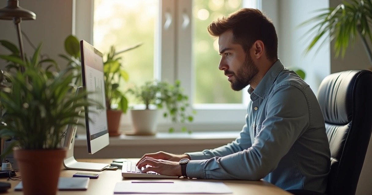 Pessoa trabalhando concentrada, sentada à mesa com computador, ao fundo sala clara e organizada 