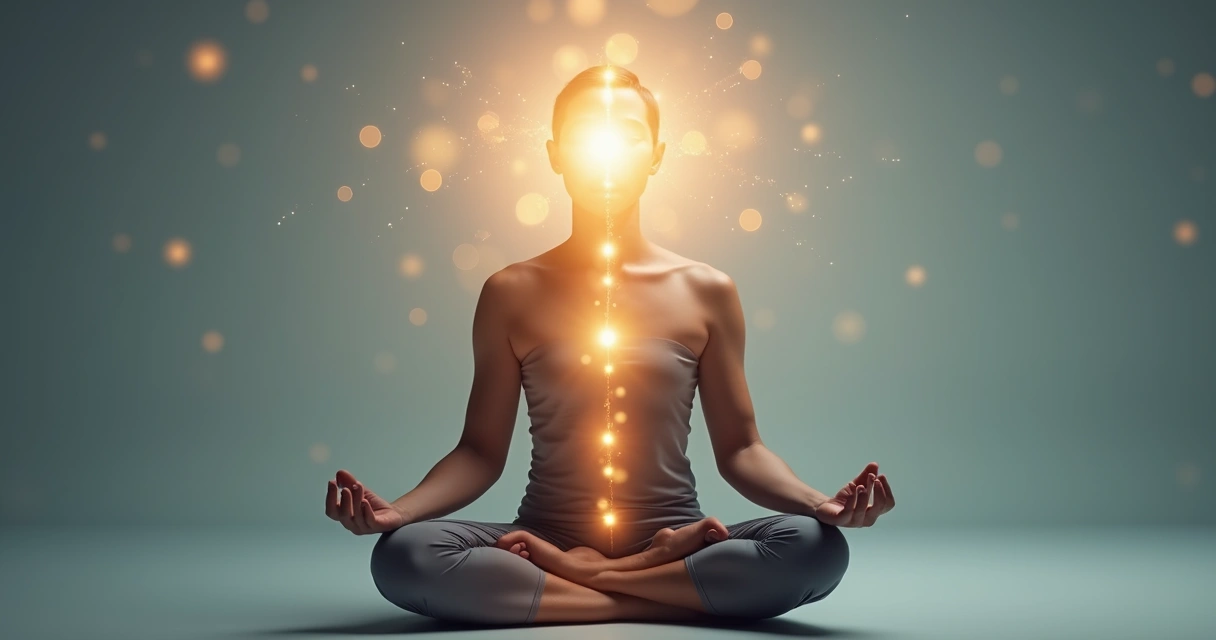 Pessoa meditando com um ponto de luz focado e ao redor, luzes difusas representando a atenção 