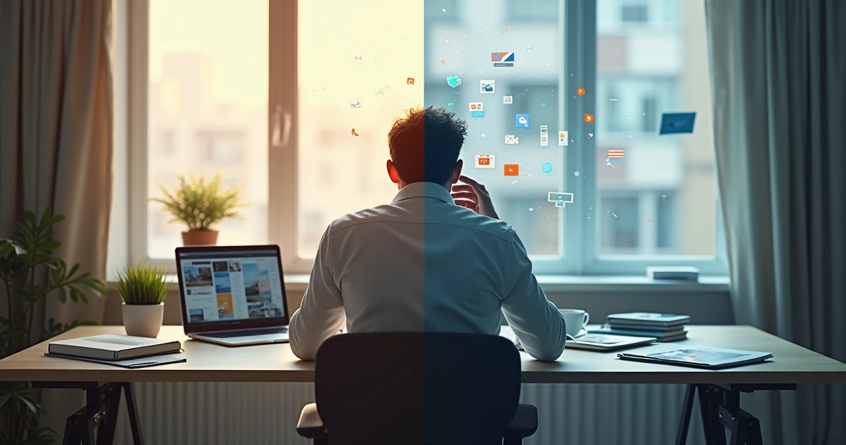 Pessoa em ambiente dividido entre foco e distrações digitais 