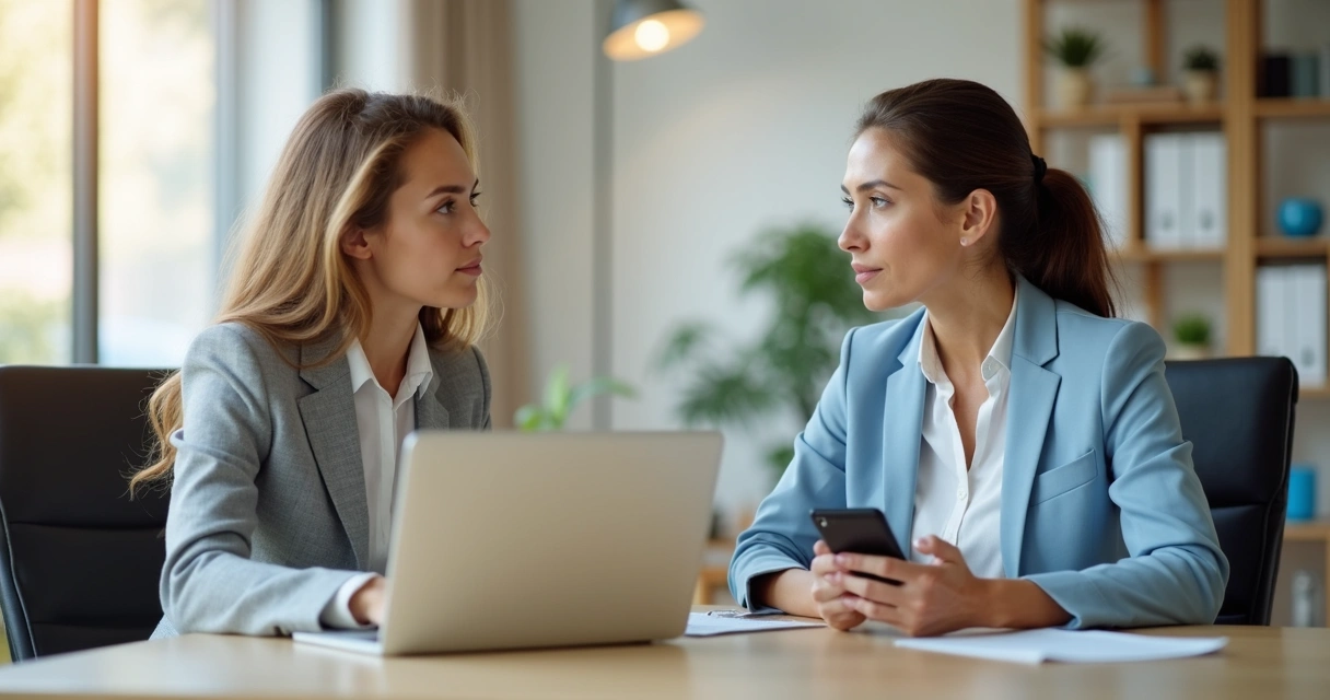 Dois colegas em conversa atenta no escritório