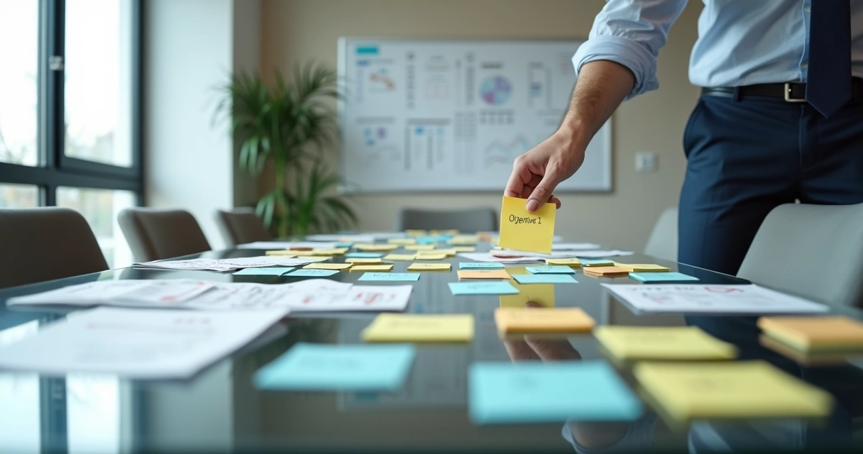 Executiva de PME escolhe poucas metas de OKR entre muitas opções em um quadro branco 