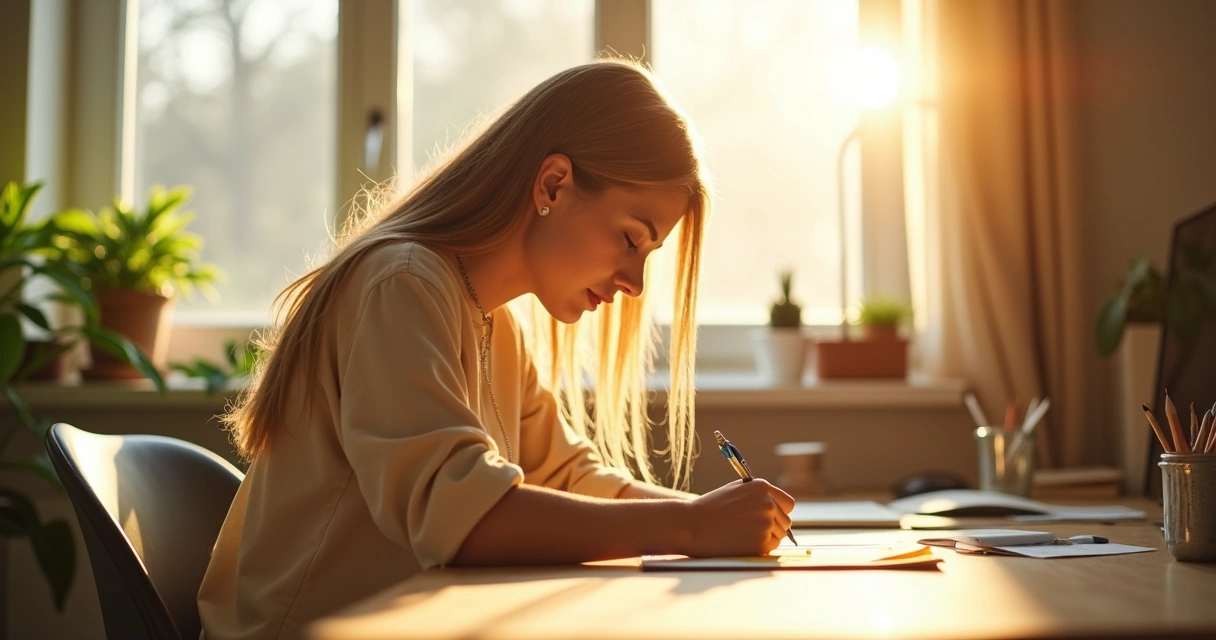 Pessoa concentrada, com papéis amarelos e luz de sol 