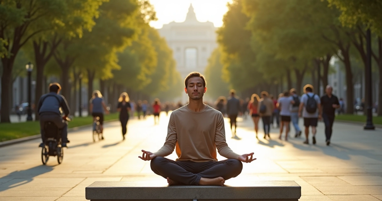 Pessoa meditando em parque urbano movimentado com fundo desfocado 
