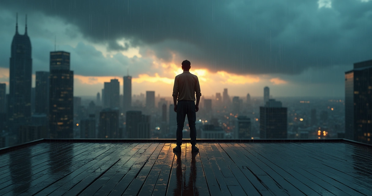 Pessoa em pé em deck urbano com tempestade ao redor e horizonte iluminado ao fundo 