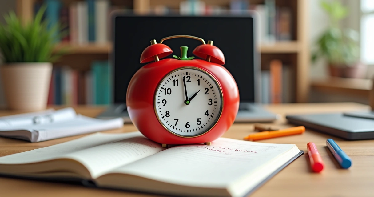 Timer analógico sobre mesa com livros e caderno aberto 