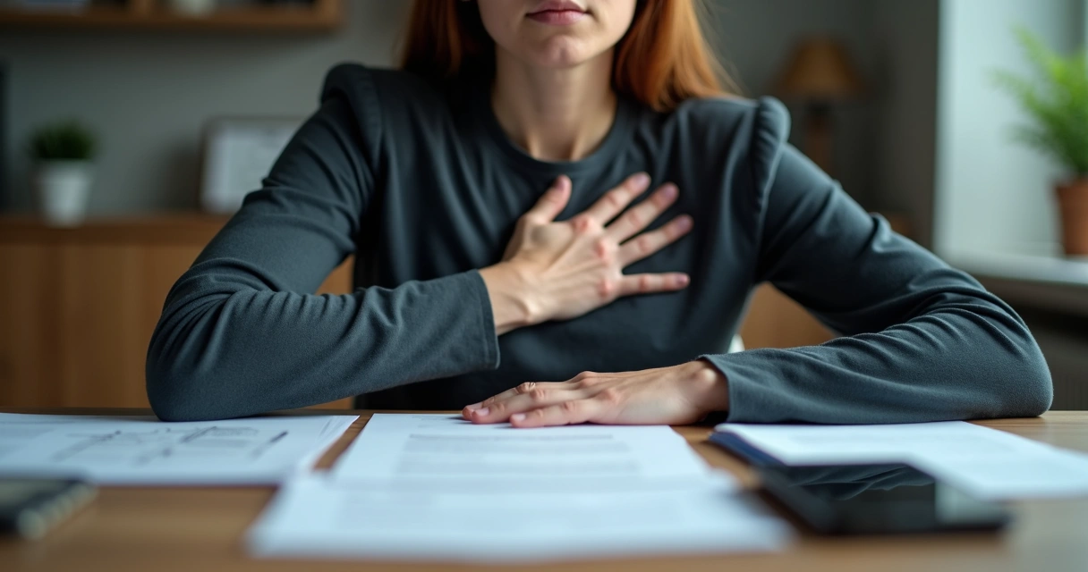 Close-up of hands resting on a desk, one hand over the heart, eyes closed, practicing conscious breathing 