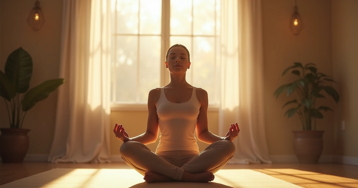 Person sitting upright with eyes closed, focusing on breathing deeply, soft natural light through window