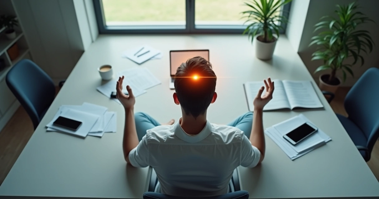 Business person meditating at desk with papers and laptop 