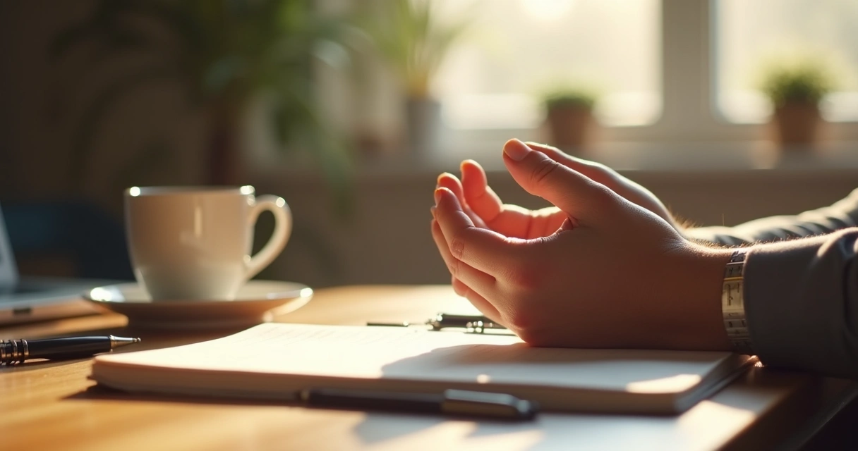 Close-up hands on a desk with a journal, pen, and a cup, sunlight on workspace 